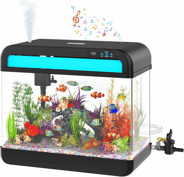 Fish Tank Aquarium 6.3 Gallon Fish Bowl with Music Humidifier 7 Color Auto-Looping Light Adjustable Quiet Pump, Temperature Display, Bottom Water Changer, HD Float Glass, Leak-Proof Thickened Base