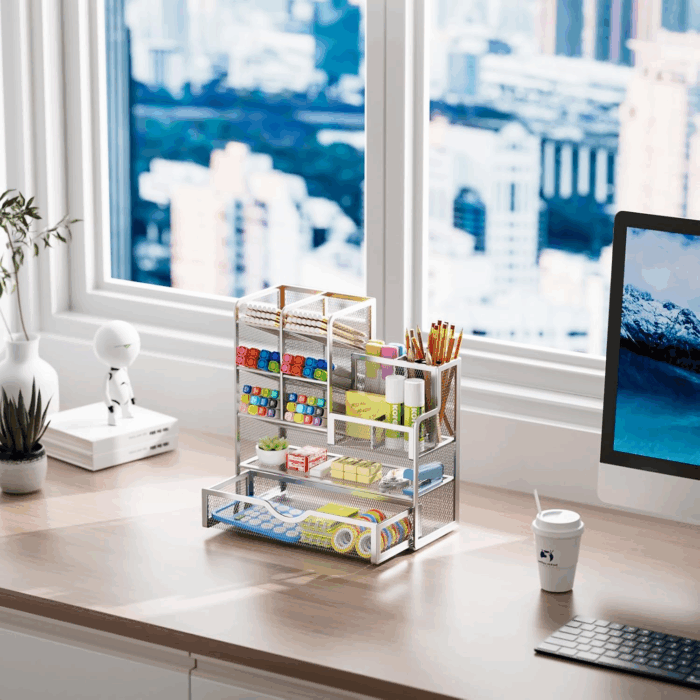 Mesh Pen Holder for Desk, Pen Organizer with Drawer, Multi-Functional Pencil Organizer, Desk Organizers and Accessories for Office Art Supplies (Silver) - Image 5