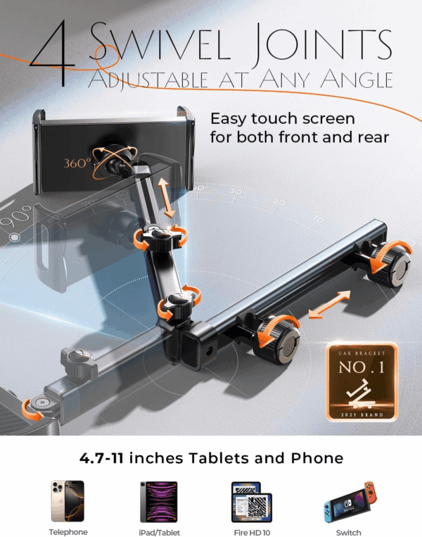 3 in 1 for Ipad Holder for Car Accessories for Women Interior Road Trip Essentials Backseat Car Organizer Car Tv for Back Seat Headrest Tablet Holder Ipad Car Mount Kids Fire Tablet 4.7-11" - Image 3