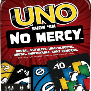 UNO Show ‘Em No Mercy Card Game in Storage & Travel Tin for Kids, Adults & Family Night with Extra Cards, Special Rules & Tougher Penalties (Amazon Exclusive)