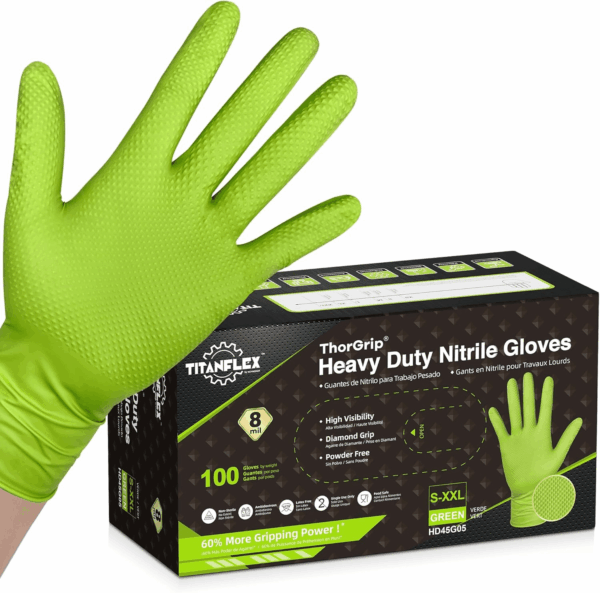 Thor Grip Heavy Duty Green Industrial Nitrile Gloves with Raised Diamond Texture, 8-Mil, Latex Free, Powder Free