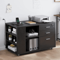 File Cabinet with Charging Station, Mobile Lateral Filing Cabinet with Lock for Home Office, Printer Stand with Open Storage Shelf, Fits A4, Letter, Legal Size Files, Office Furniture, Black - Image 2