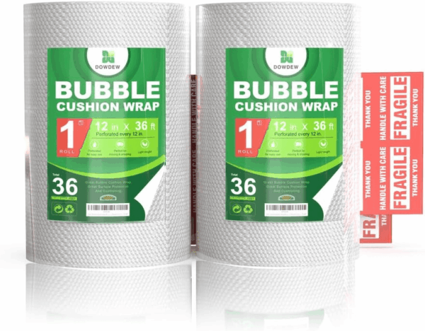 [72 Total Feet] Perforated Bubble Wrap Roll [2 Pack - 12Inch X 36Ft Rolls] Cushioning Packing Wrap for Moving Shipping Packaging with 10 Fragile Stickers, Clear