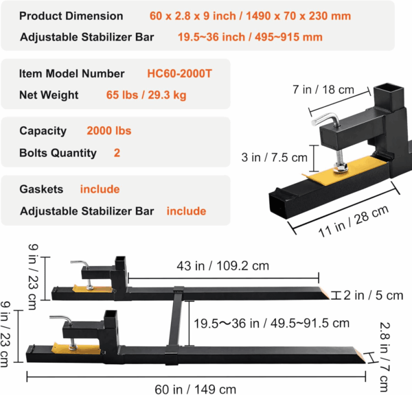 60" 2000Lbs Heavy Duty Pallet Forks with Adjustable Stabilizer Bar for Loader Bucket Skid Steer Tractor, Black - Image 7