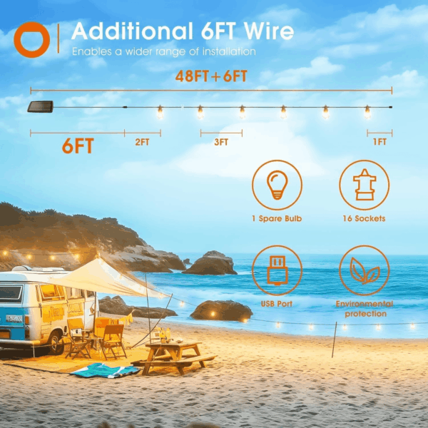 54FT(48+6) Solar String Lights Outdoor Waterproof with USB Charging & Remote Control - Dimmable Solar Power Patio Lights with LED Bulbs for Porch, Garden, Yard, Market, Bistro - Last for 20+Hrs - Image 7