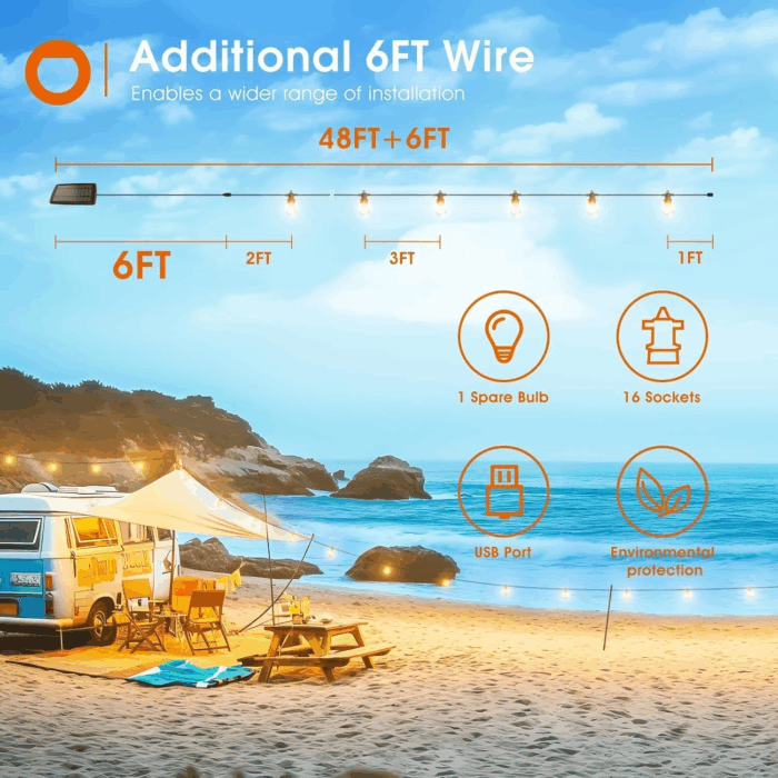 54FT(48+6) Solar String Lights Outdoor Waterproof with USB Charging & Remote Control - Dimmable Solar Power Patio Lights with LED Bulbs for Porch, Garden, Yard, Market, Bistro - Last for 20+Hrs - Image 7