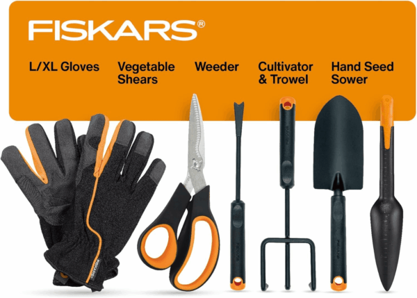 Vegetable Garden Tool Set with Vegetable Shears, Seed Sower, Trowel, Cultivator, Weeder, and L/XL Garden Gloves for Indoor or Outdoor Gardening (6 Piece Kit)