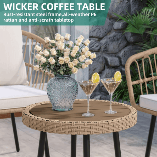 3 Pieces Outdoor Wicker Patio Conversation Bistro Set, All-Weather Rattan Patio Furniture Set with Table & Cushions, Outdoor Sectional Sofa for Patio, Balcony, Backyard, Deck - Image 4