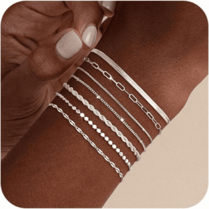 Silver Bracelets for Women Trendy Waterproof Silver Dainty Bracelet Stack Adjustable Layered Bracelet Set Minimalist Fashion Jewelry