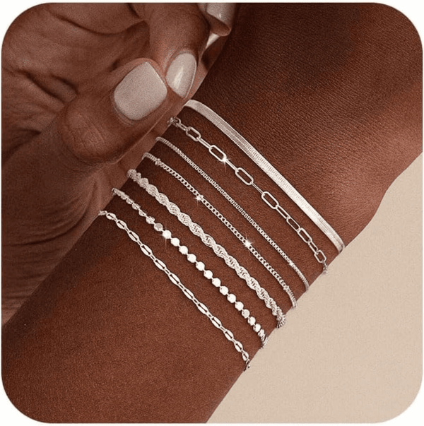 Silver Bracelets for Women Trendy Waterproof Silver Dainty Bracelet Stack Adjustable Layered Bracelet Set Minimalist Fashion Jewelry