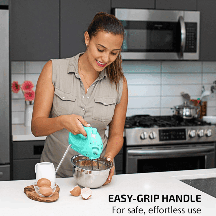 5-Speed Electric Hand Mixer with Stainless Steel Mixing Whisk, Snap-On Storage Case, Portable & Lightweight 150W Motor, Compact Handheld Mixer for Baking, Blending or Cooking, Turquoise HM151T - Image 4