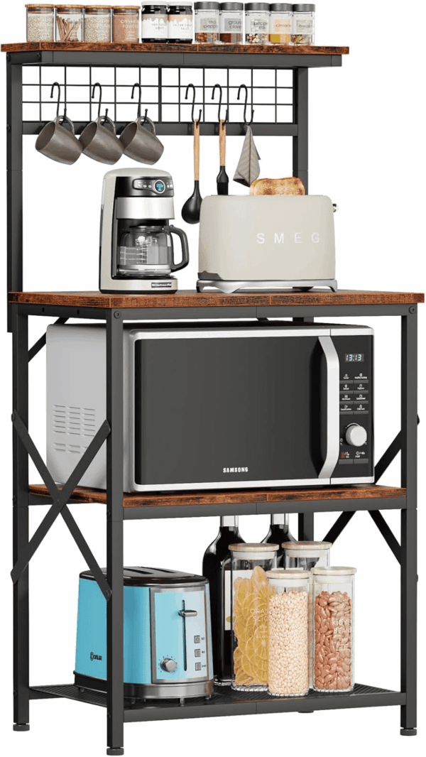 Kitchen Bakers Rack with Hutch, Coffee Bar Station 4 Tiers, Microwave Oven Stand with 6 S Hooks and Pegboard, Kitchen Microwave Rack for Spice Organizer Workstation, Rustic Brown