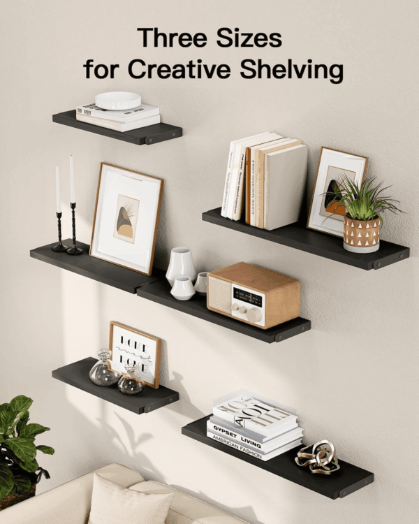 Wall Shelves Set of 6, Wood Floating Shelves for Decor, Rustic Farmhouse for Bedroom, Bathroom Storage, Book Shelves for Living Room, Black - Image 7