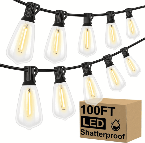 LED Outdoor String Lights 100FT Patio Lights with 52 Shatterproof ST38 Vintage Edison Bulbs, outside Hanging Light Waterproof for Porch, Deck, Garden, Backyard, Balcony, Dimmable 2700K
