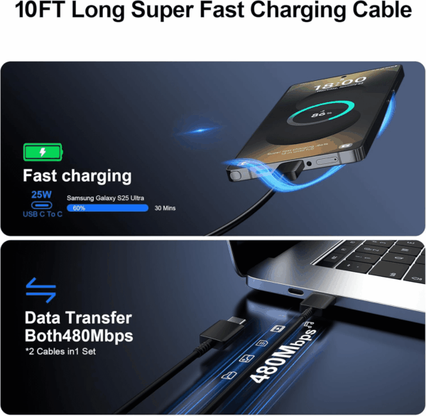 Super Fast Charger Type C, 25W USB C Wall Charger Fast Charging for Samsung Galaxy S25 Ultra/S25/S25+/S24+/S24 Ultra/S24/S24+/S23 Ultra/S22 Ultra/S21 Ultra with 10FT Long Type C Charger Cable 2Pack - Image 5