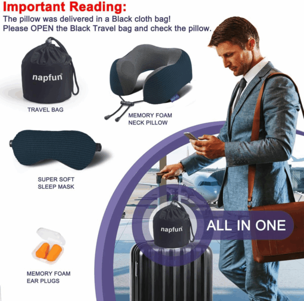 Neck Pillow for Traveling, Upgraded Travel Neck Pillow for Airplane 100% Pure Memory Foam Travel Pillow for Flight Headrest Sleep, Portable Plane Accessories, Deep Blue Set, Medium (120-200LB) - Image 6