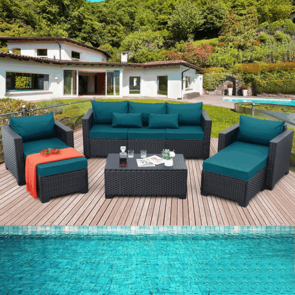 Patio Furniture Set 6 Pieces Couch Outdoor Chairs Coffee Table Peacock Blue Anti-Slip Cushions and Waterproof Covers - Image 3