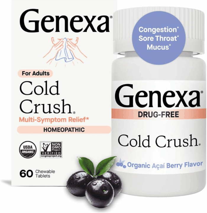 Cold Crush | Multi-Symptom Cough, Congestion & Sore Throat Relief for Adults | Acai Berry Flavor | Certified Organic & Non-Gmo | Homeopathic Remedy Made Clean | 60 Chewable Tablets​