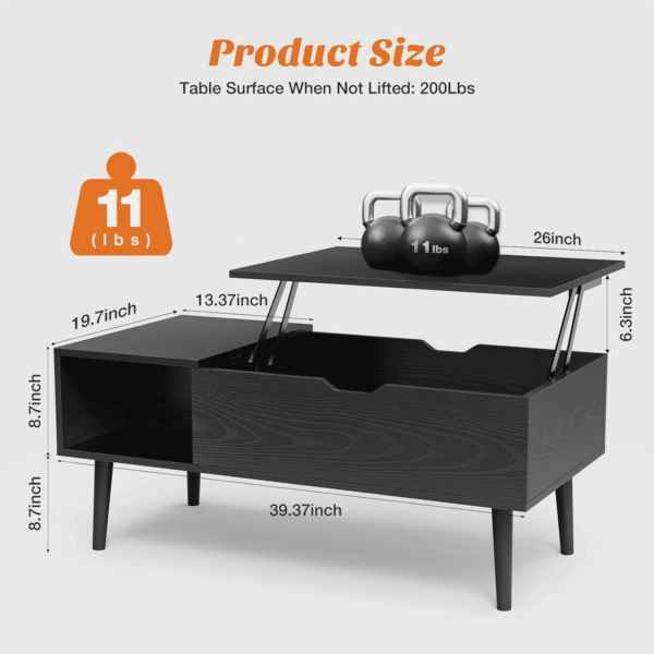 Coffee Table Black, Lift Top Coffee Tables for Living Room, Small Rising Wooden Dining Center Tables with Storage Shelf and Hidden Compartment - Image 2