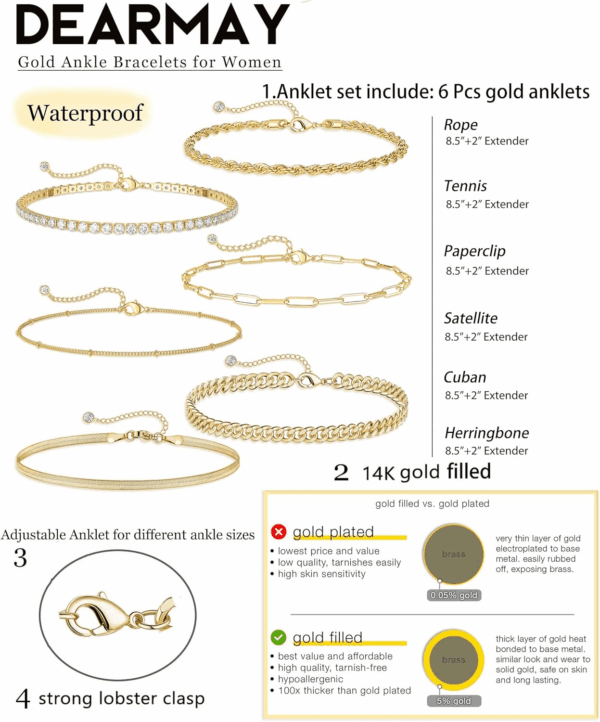 Gold Ankle Bracelets for Women Waterproof - Dainty 6Pcs 14K Gold Plated Anklets Layered Cuban Link Chain Herringbone Cute Anklets Set Pack Summer Beach Jewelry Gift for Women Teen - Image 3
