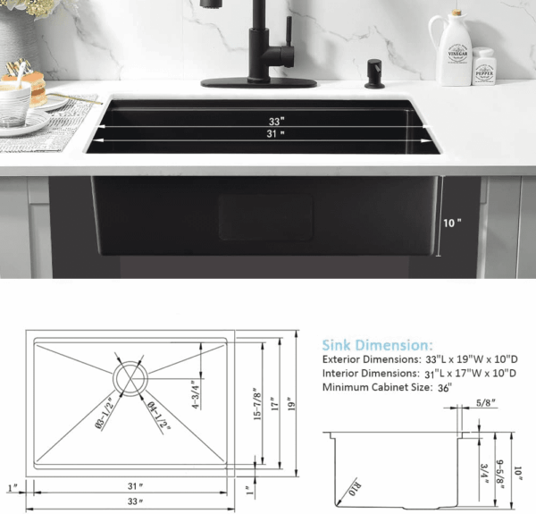 33 Inch Black Undermount Kitchen Sink Workstation- 33X19 Stainless Steel Kitchen Sink Undermount 16 Gauge Deep Single Bowl Black Sinks with Cutting Board - Image 8