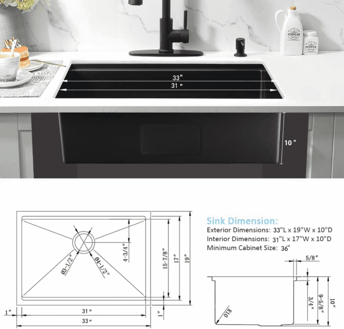 33 Inch Black Undermount Kitchen Sink Workstation- 33X19 Stainless Steel Kitchen Sink Undermount 16 Gauge Deep Single Bowl Black Sinks with Cutting Board - Image 8