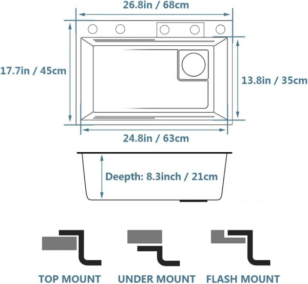 Black Waterfall Kitchen Sink, Drop in Single Bowl Stainless Steel Bar Sink with Cup Washer Sinks, Topmount Workstation Kitchen Sink with Accessories (Size : 26.8 X 17.7In) - Image 7