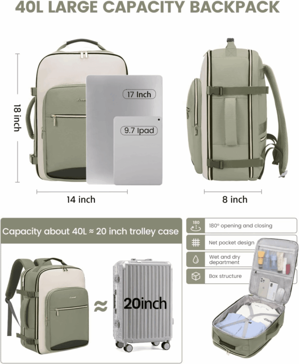 40L Travel Backpack for Women & Men, Large Carry on Backpack for Airplanes with 3 Packing Cubes, TSA Personal Item Travel Bag Fits 17" Laptop, Waterproof Weekender Essentials Airline Approved - Image 5