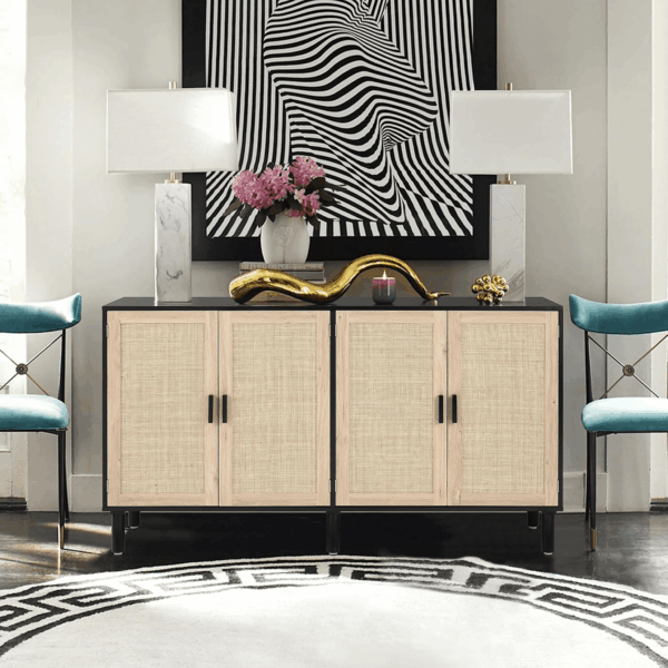 4 Door Sideboard Buffet Cabinet, Kitchen Storage Cabinet with Rattan Decorated Doors, Cupboard Console Table, Boho Accent Liquor Cabinet, Bar Cabient, 62.3X 15.7X 34.6 Inches, Black - Image 4