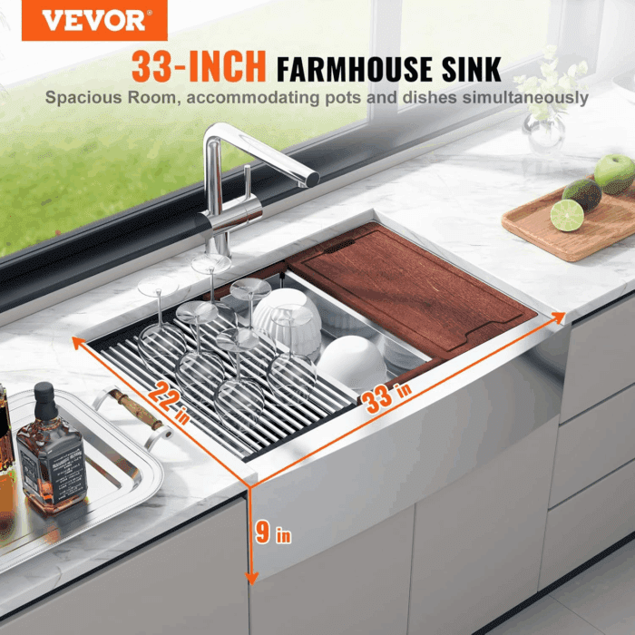 33 Inch Farmhouse Kitchen Sink, 304 Stainless Steel Sink, Top Mount Single Bowl Kitchen Sinks with Ledge & Accessories, Household Dishwasher Sinks for Farm, Prep Kitchen, Garage and Bar Sink - Image 2