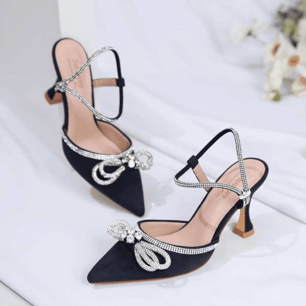 Women'S Closed Toe Rhinstone Wedding Low Heel Slingback Clear Kitten Heels,Adjustable Strap Pointed Toe Bow Pumps High Heeled Prom Dress Shoes - Image 9