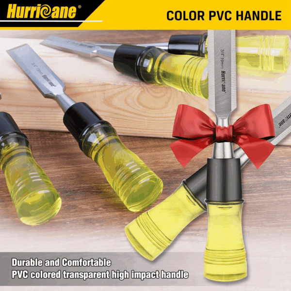 4 Piece Wood Chisel Set for Woodworking. CR-V Steel Beveled Edge Blades with Safety Caps. Durable PVC High Impact Handle, for Precision Carving & DIY Projects (1/4", 1/2", 3/4", 1") - Image 7