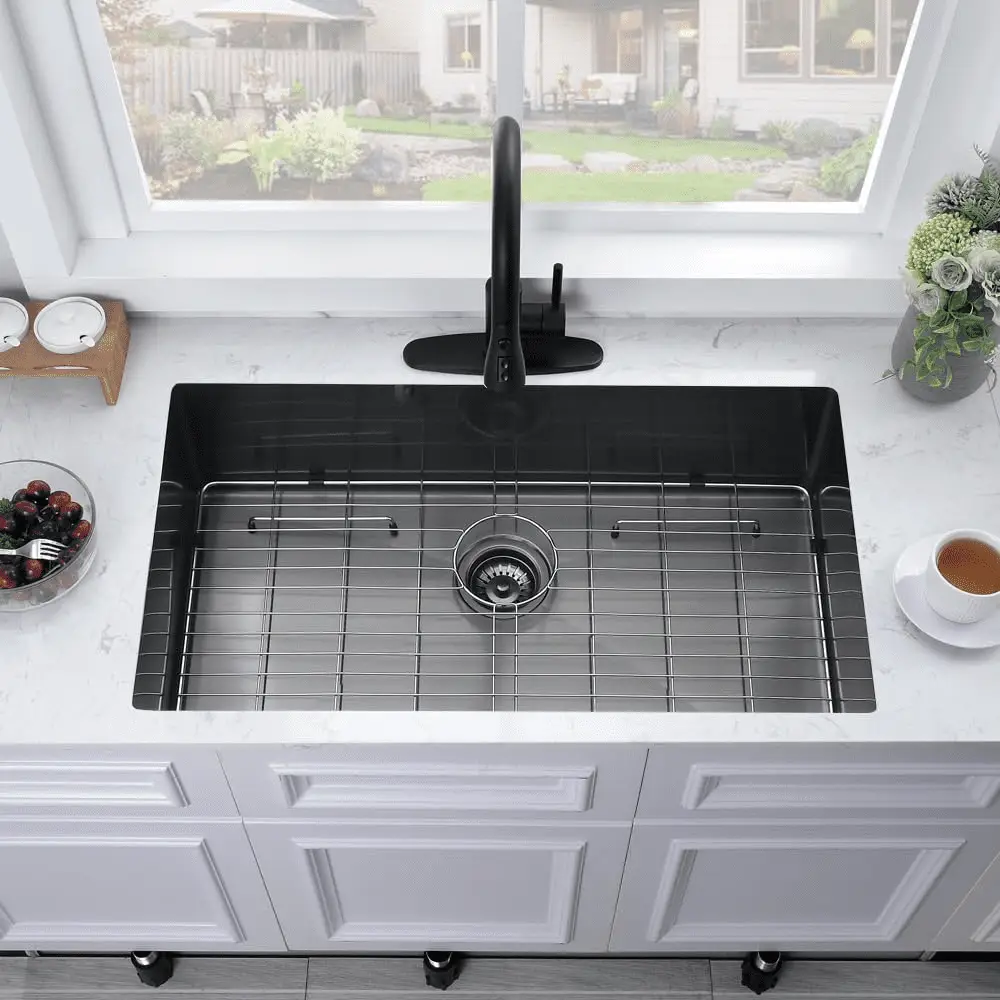 27 Inch Black Undermount Sink - 27X19 Undermount Kitchen Sink Deep Single Bowl Stainless Steel Black Kitchen Sink with Colander - Image 4