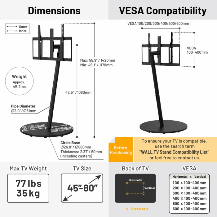 Seven Stand A2 Grand Type | Japanese Rolling Portable Free-Standing 45-80 Inch Universal TV Stand with Concealed Caster Wheels | Satin Black - Image 9
