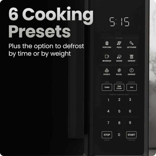 Countertop Microwave Oven 0.9 Cu. Ft., 900 Watts with 10 Power Levels, 6 Cooking Presets with One-Touch Express Cook, Eco Mode, Child Safety Lock, & Mute Button - Black - Image 3