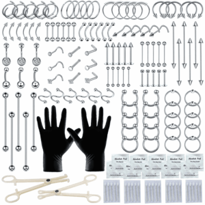 153Pcs Piercing Kit: 12G, 14G, 16G, 20G Needles & 316L Stainless Steel Jewelry for Nose, Belly, Lip, Ear & More