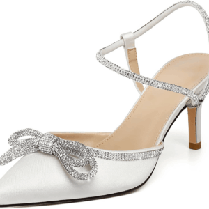 Women'S Closed Toe Rhinstone Wedding Low Heel Slingback Clear Kitten Heels,Adjustable Strap Pointed Toe Bow Pumps High Heeled Prom Dress Shoes