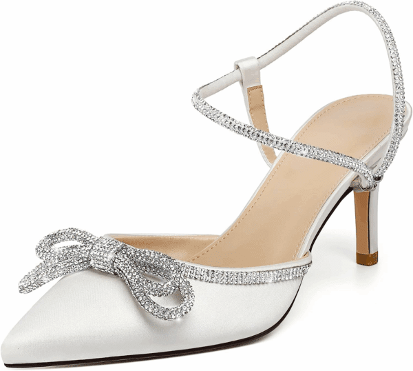 Women'S Closed Toe Rhinstone Wedding Low Heel Slingback Clear Kitten Heels,Adjustable Strap Pointed Toe Bow Pumps High Heeled Prom Dress Shoes