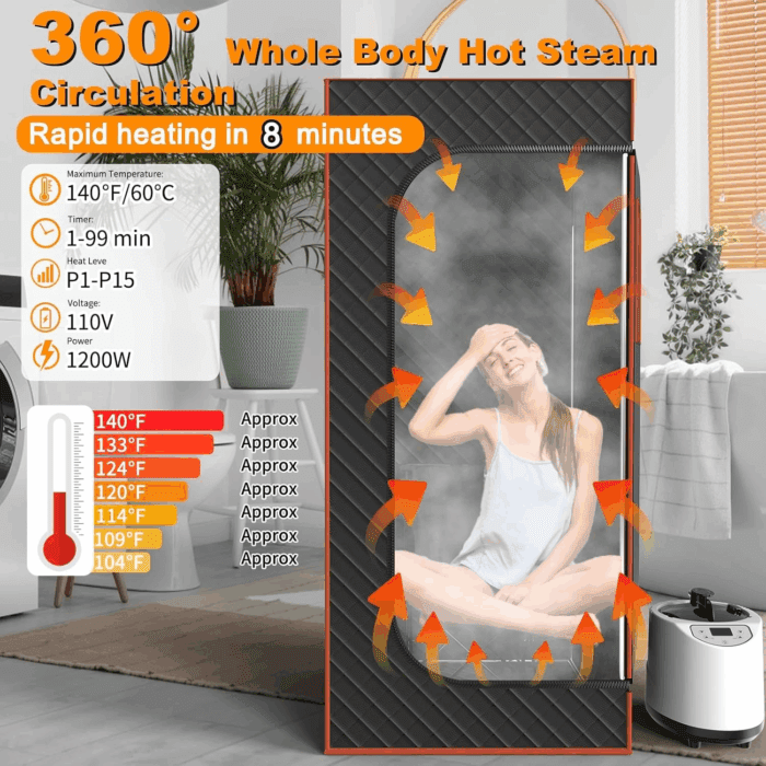Portable Sauna for Home, Sauna Box Sauna Tent with 3L Steamer, Remote Control, Folding Chair and Foot Pad, Full Size Personal Steam Sauna for Home Spa, 15 Levels, Orange - Image 2