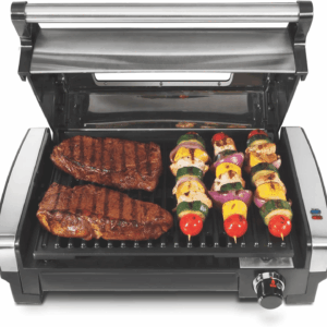 Electric Indoor Searing Grill with Viewing Window & Adjustable Temperature Control to 450F, 118 Sq. In. Surface Serves 6, Pfas-Free Removable Nonstick Grate, Stainless Steel