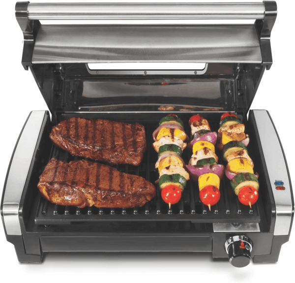 Electric Indoor Searing Grill with Viewing Window & Adjustable Temperature Control to 450F, 118 Sq. In. Surface Serves 6, Pfas-Free Removable Nonstick Grate, Stainless Steel