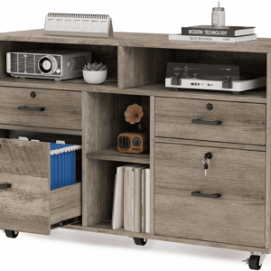 Wide 4 Drawer File Cabinet with Lock, Rustic Grey Rolling File Cabinet with Open Shelves, Lockable Printer Stand, Letter Sized