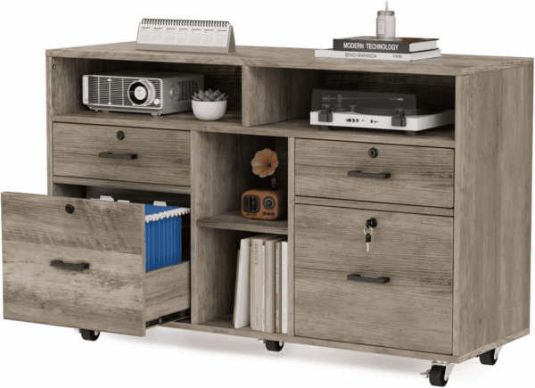 Wide 4 Drawer File Cabinet with Lock, Rustic Grey Rolling File Cabinet with Open Shelves, Lockable Printer Stand, Letter Sized