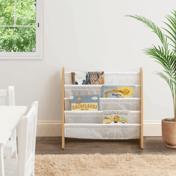 4-Tier Kids Bookshelf, Natural Wood/White - Premium Book Shelf for Kids Rooms with Four Deep Pockets - Toddler Sling Book Rack with Deep Sleeves, Nursery Bookcase Organizer - Image 4