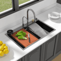 33 Drop Kitchen Sink with Faucet Combo 33"X22" Waterfall Kitchen Sink Workstation Gunmetal Black 16 Gauge Single Bowl Topmount Handmade Sinks with Pull Out Faucet, Glass Rinser Included