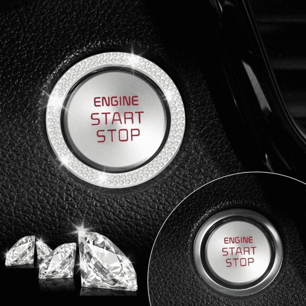 2 PCS Crystal Double Rhinestone Car Engine Start Stop Decoration Ring, Bling Car Interior Accessories for Women, Push to Start Button Cover/Sticker, Key Ignition & Knob Bling Ring, White - Image 6
