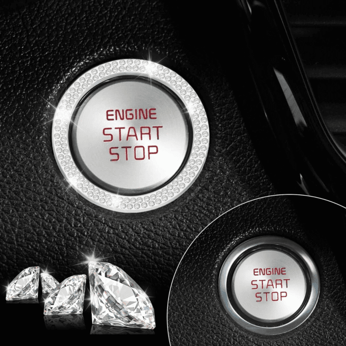 2 PCS Crystal Double Rhinestone Car Engine Start Stop Decoration Ring, Bling Car Interior Accessories for Women, Push to Start Button Cover/Sticker, Key Ignition & Knob Bling Ring, White - Image 6