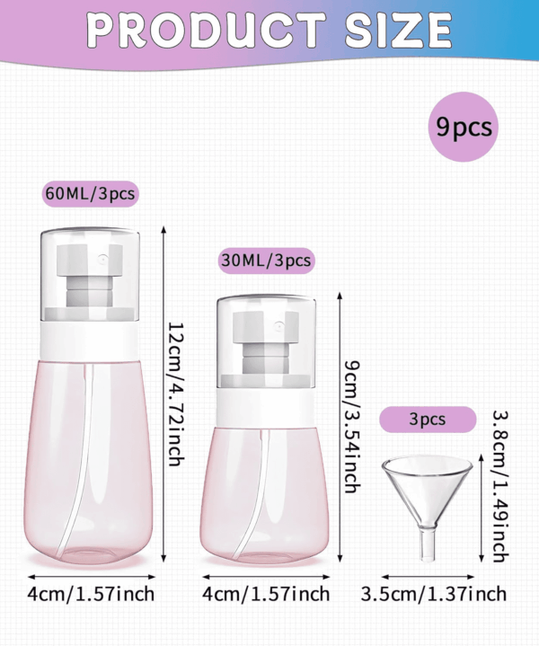 6 Pack Small Spray Bottles - Travel Size 3 Pack 1Oz/30Ml and 3 Pack 2Oz/60Ml with 3Pcs Funnels, Fine Mist Mini Plastic Refillable Spray Bottles - Pink - Image 4