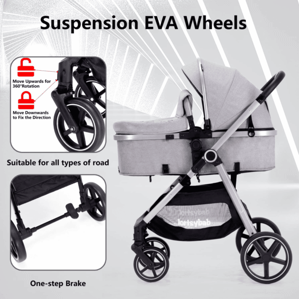 2-In-1 Baby Stroller with Bassinet Mode - Folding Infant Newborn Pram Stroller with Reversible Seat - Toddler Strollers for 0-36 Months Old Babies (Gery) - Image 5