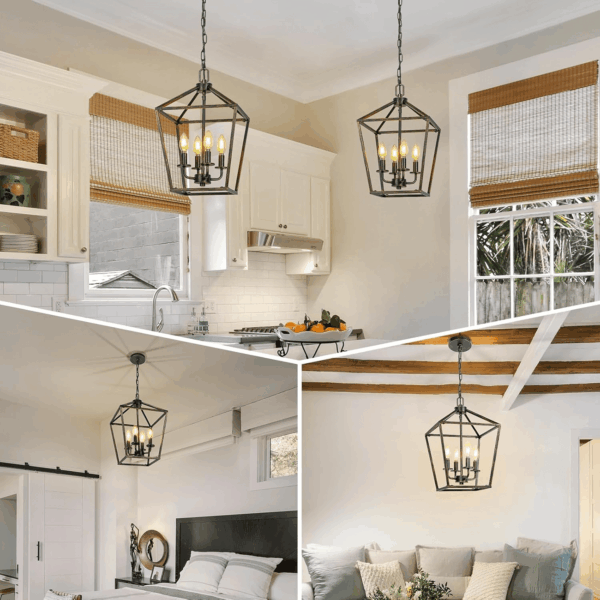 4 Light Chandelier Lighting, Industrial Ceiling Light Black Lantern with Brushed Gold, Geometric Metal Hanging Light Fixture with Adjustable Chain, E12 Base for Entryway Kitchen Island, Indoor Use - Image 7